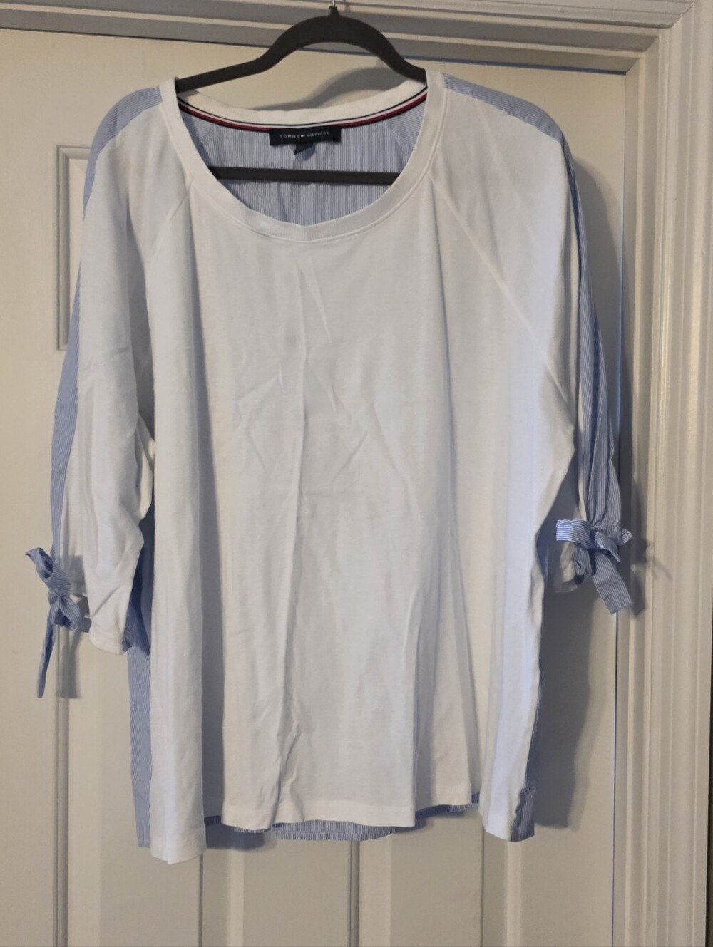 Tommy Hilfiger Light Blue & White Tie-Sleeve Tunic Top 100% Cotton